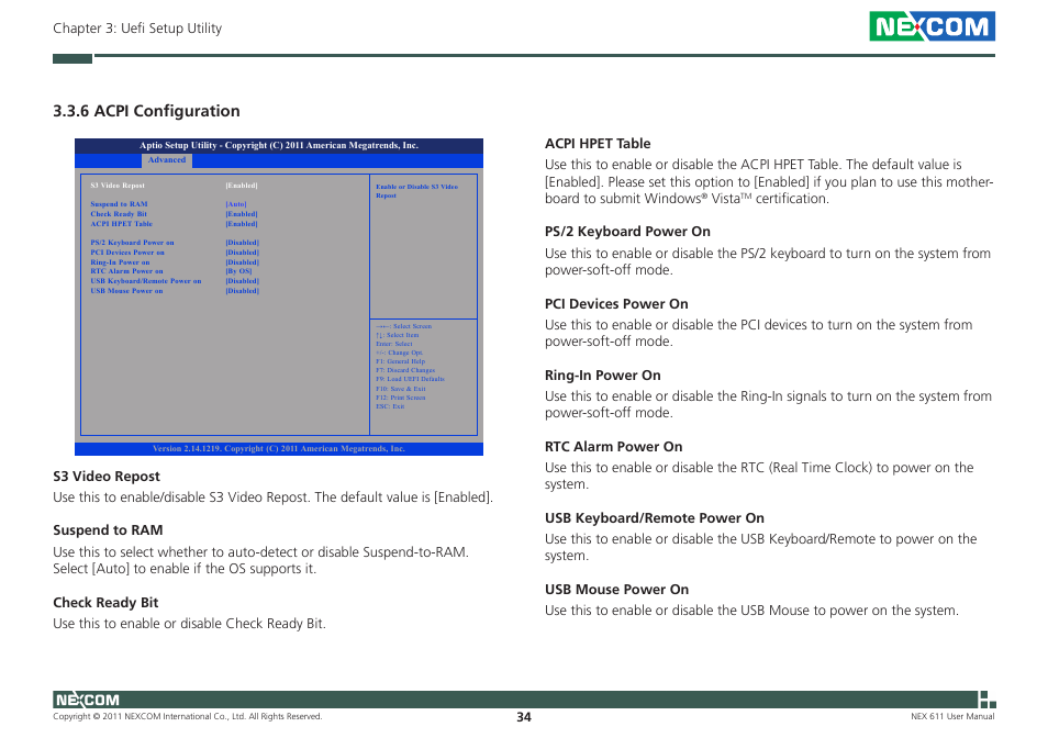 6 acpi configuration, 34 chapter 3: uefi setup utility, Vista | NEXCOM NEX 611 User Manual | Page 45 / 51