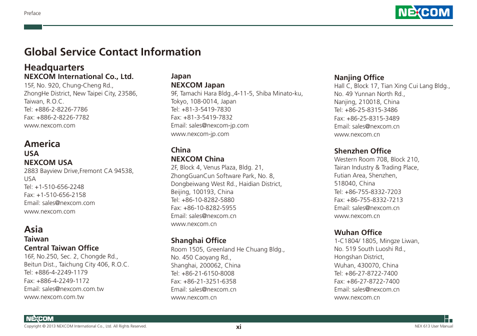 Global service contact information, Headquarters, America | Asia | NEXCOM NEX 613 User Manual | Page 11 / 45