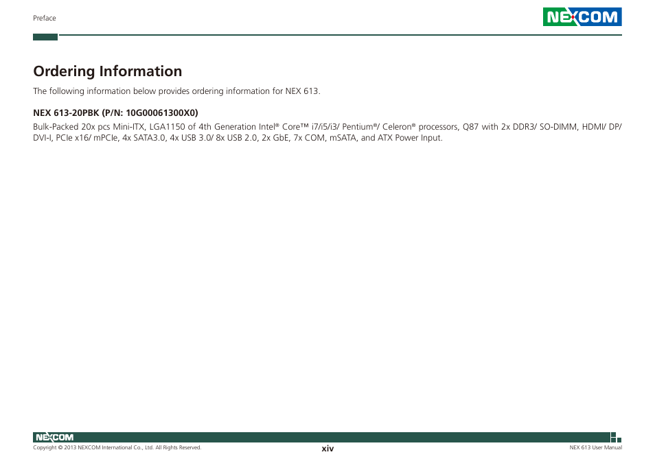 Ordering information | NEXCOM NEX 613 User Manual | Page 14 / 45