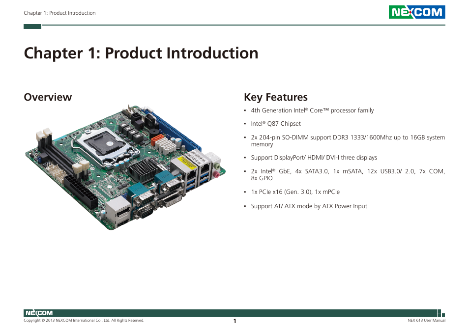 Chapter 1: product introduction, Overview key features, Key features | Overview | NEXCOM NEX 613 User Manual | Page 15 / 45