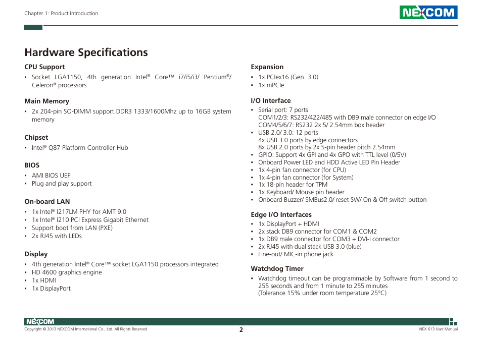 Hardware specifications | NEXCOM NEX 613 User Manual | Page 16 / 45