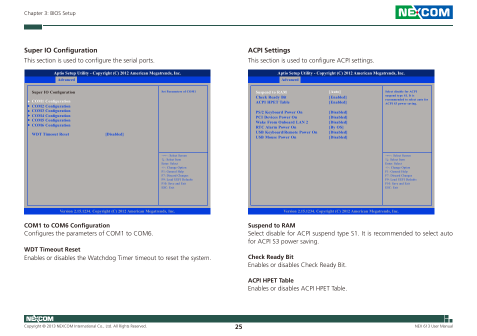 Acpi settings, Super io configuration | NEXCOM NEX 613 User Manual | Page 39 / 45