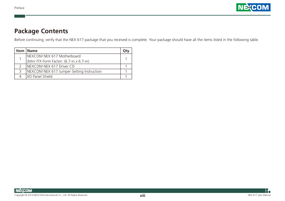 Package contents | NEXCOM NEX 617 User Manual | Page 13 / 53