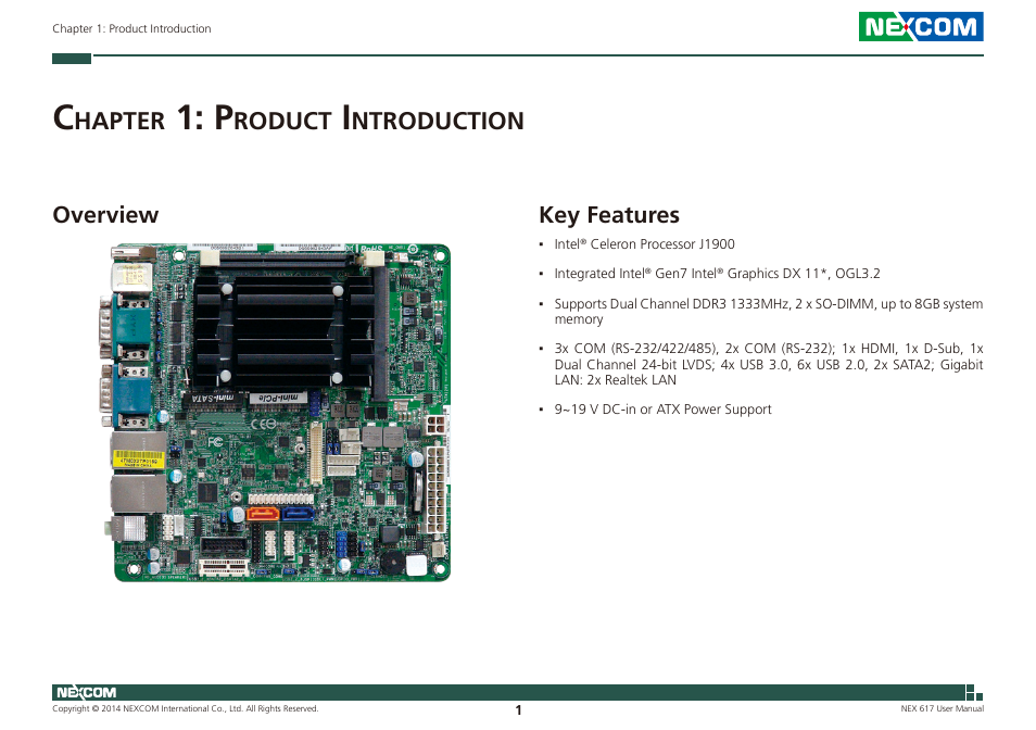 Chapter 1: product introduction, Overview, Key features | Overview key features, Hapter, Roduct, Ntroduction | NEXCOM NEX 617 User Manual | Page 15 / 53