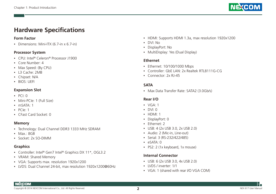 Hardware specifications | NEXCOM NEX 617 User Manual | Page 16 / 53