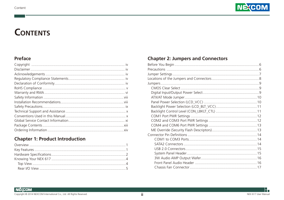 Ontents | NEXCOM NEX 617 User Manual | Page 2 / 53