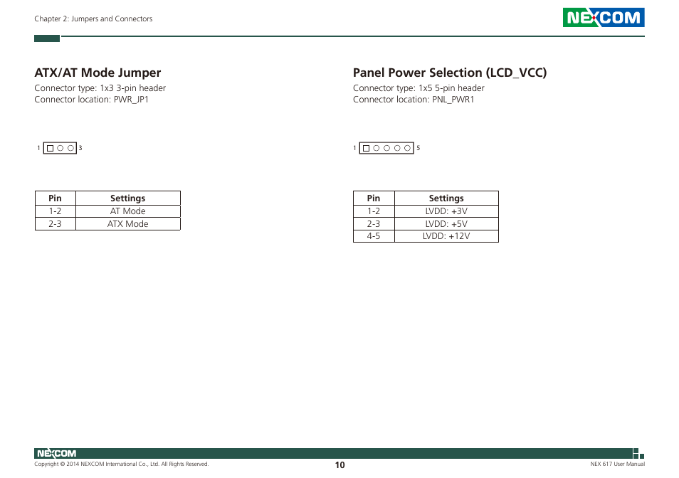 Atx/at mode jumper, Panel power selection (lcd_vcc), Atx/at mode jumper panel power selection (lcd_vcc) | NEXCOM NEX 617 User Manual | Page 24 / 53