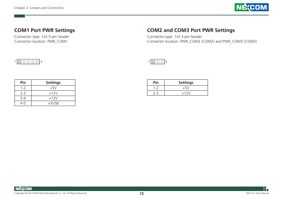 Com1 port pwr settings, Com2 and com3 port pwr settings | NEXCOM NEX 617 User Manual | Page 26 / 53