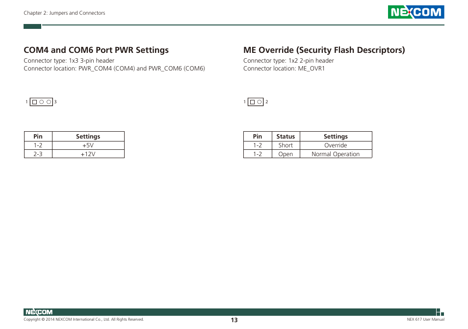 Com4 and com6 port pwr settings, Me override (security flash descriptors) | NEXCOM NEX 617 User Manual | Page 27 / 53