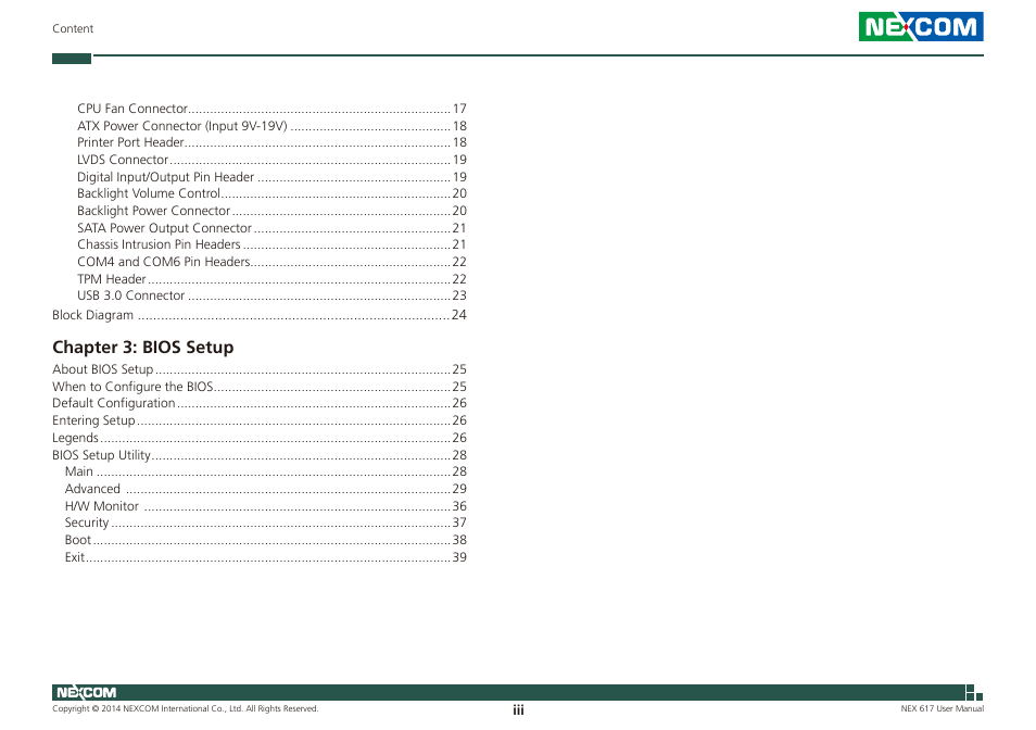 Chapter 3: bios setup | NEXCOM NEX 617 User Manual | Page 3 / 53