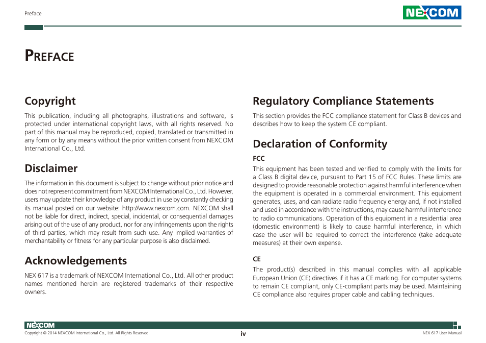 Preface, Copyright, Disclaimer | Acknowledgements, Regulatory compliance statements, Declaration of conformity, Reface | NEXCOM NEX 617 User Manual | Page 4 / 53