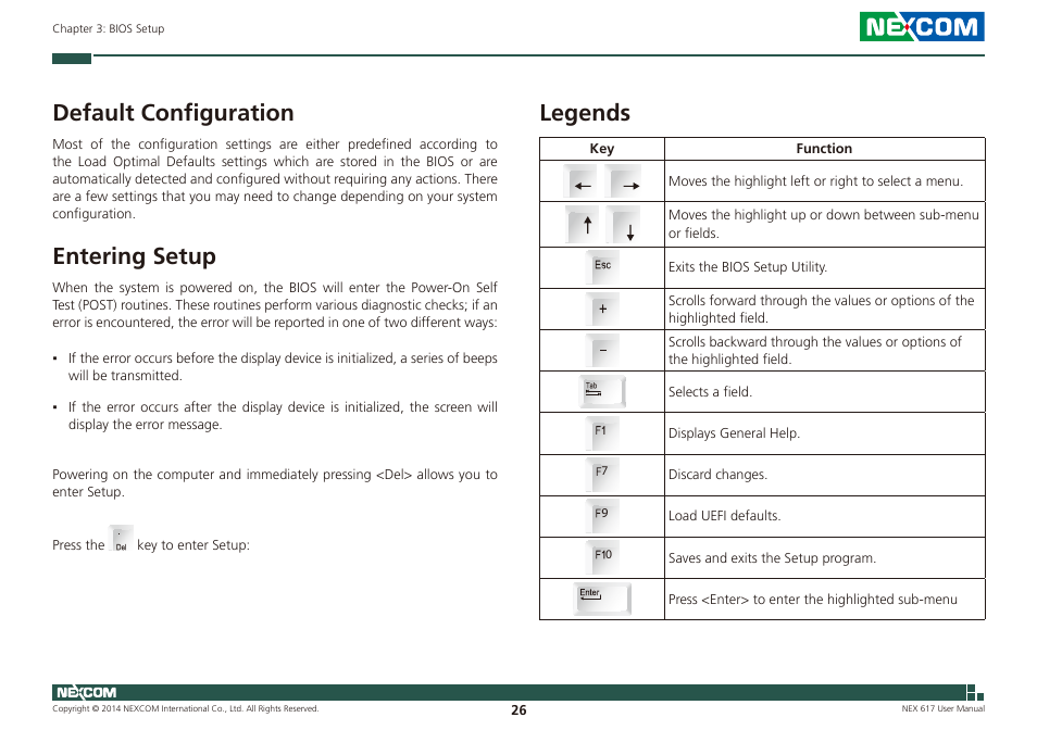 Default configuration, Entering setup, Legends | Default configuration entering setup legends | NEXCOM NEX 617 User Manual | Page 40 / 53
