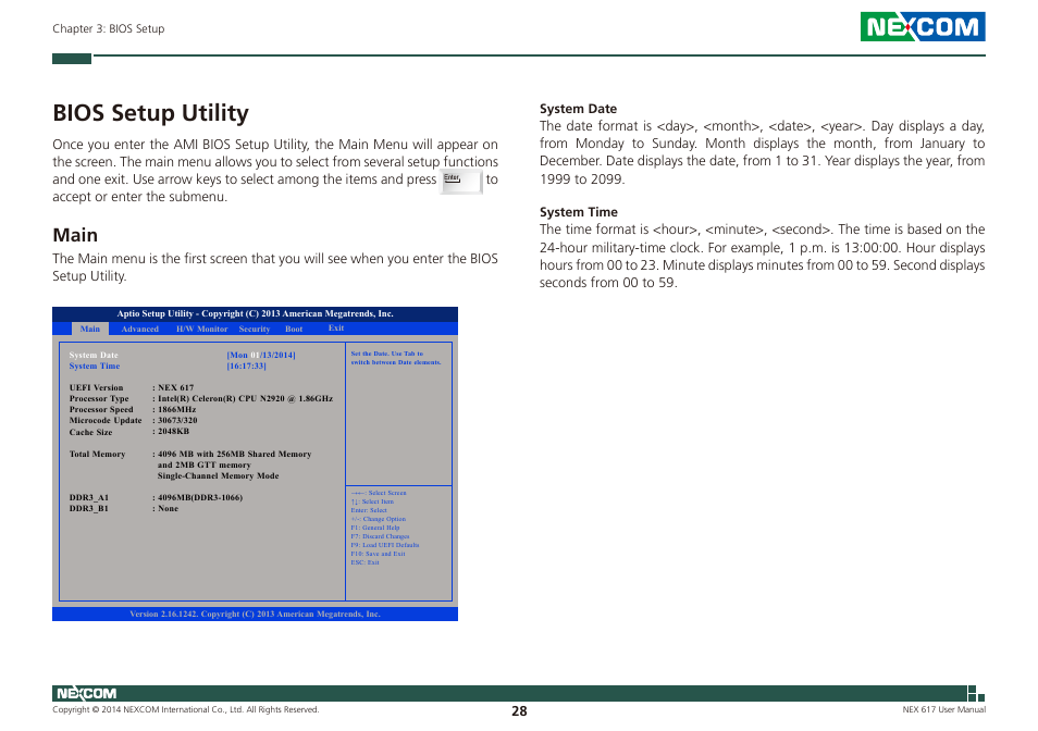 Bios setup utility, Main | NEXCOM NEX 617 User Manual | Page 42 / 53