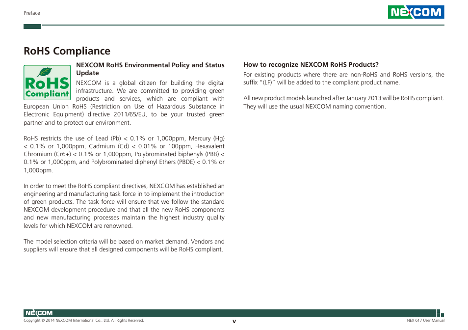 Rohs compliance | NEXCOM NEX 617 User Manual | Page 5 / 53