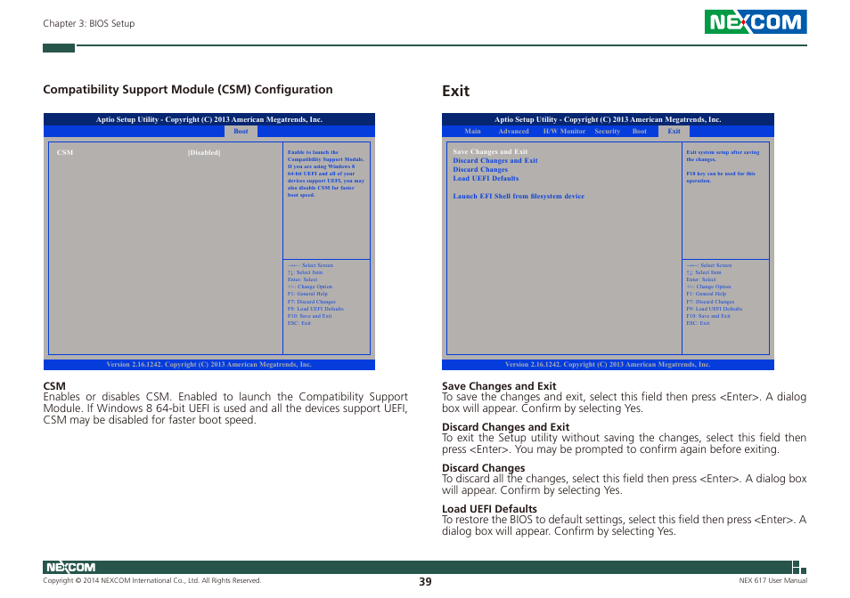 Exit, Compatibility support module (csm) configuration | NEXCOM NEX 617 User Manual | Page 53 / 53