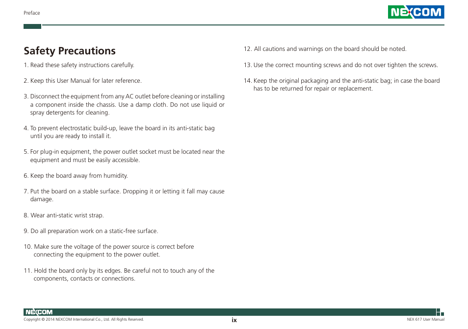 Safety precautions | NEXCOM NEX 617 User Manual | Page 9 / 53