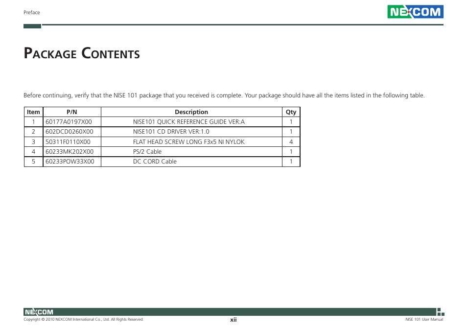 Ackage, Ontents | NEXCOM NISE 101 User Manual | Page 12 / 79
