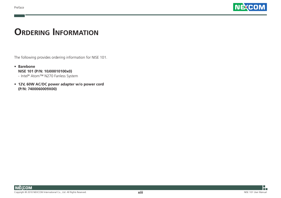 Rdering, Nformation | NEXCOM NISE 101 User Manual | Page 13 / 79