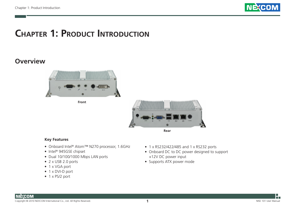 Hapter, Roduct, Ntroduction | Overview | NEXCOM NISE 101 User Manual | Page 14 / 79