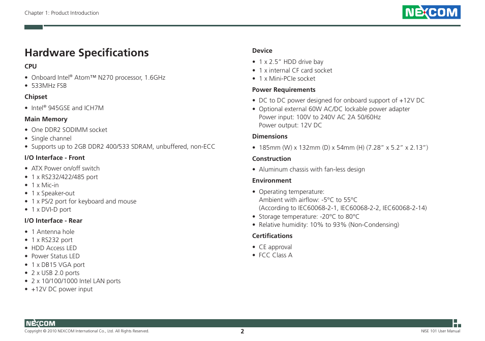 Hardware specifications | NEXCOM NISE 101 User Manual | Page 15 / 79