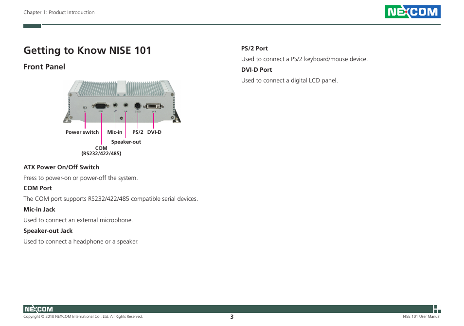 Getting to know nise 101, Front panel | NEXCOM NISE 101 User Manual | Page 16 / 79