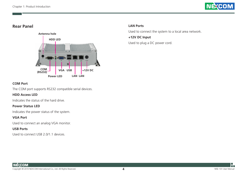 Rear panel | NEXCOM NISE 101 User Manual | Page 17 / 79