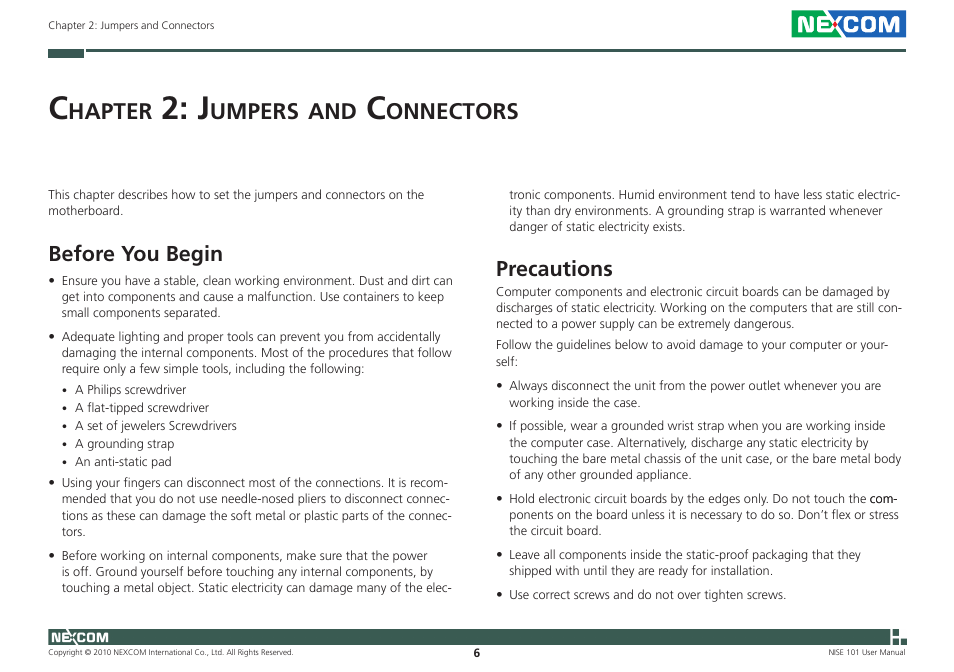 Hapter, Umpers, Onnectors | Before you begin, Precautions | NEXCOM NISE 101 User Manual | Page 19 / 79