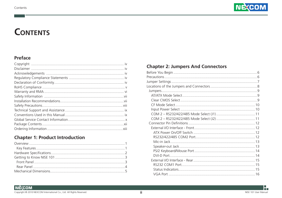 Ontents | NEXCOM NISE 101 User Manual | Page 2 / 79