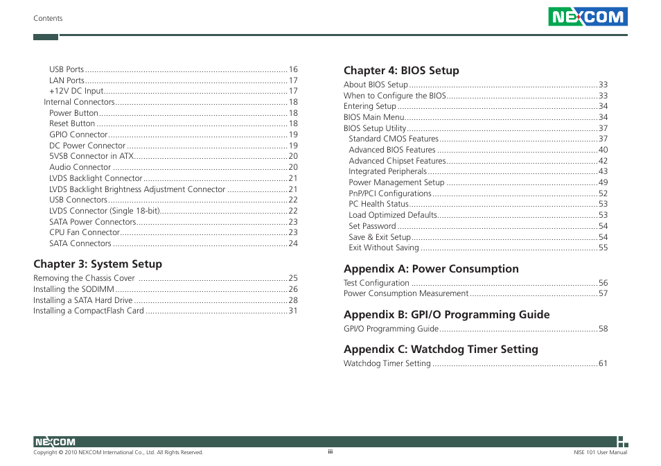 Chapter 3: system setup, Chapter 4: bios setup, Appendix a: power consumption | Appendix b: gpi/o programming guide, Appendix c: watchdog timer setting | NEXCOM NISE 101 User Manual | Page 3 / 79