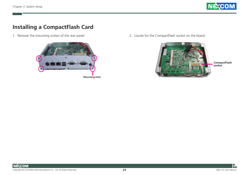 Installing a compactflash card | NEXCOM NISE 101 User Manual | Page 44 / 79