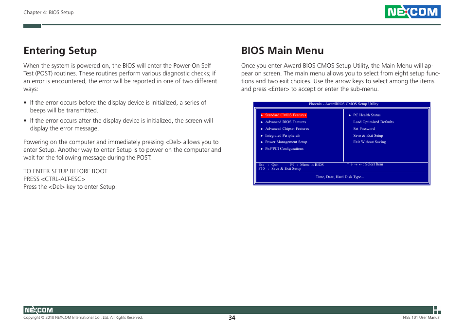 Entering setup, Bios main menu | NEXCOM NISE 101 User Manual | Page 47 / 79