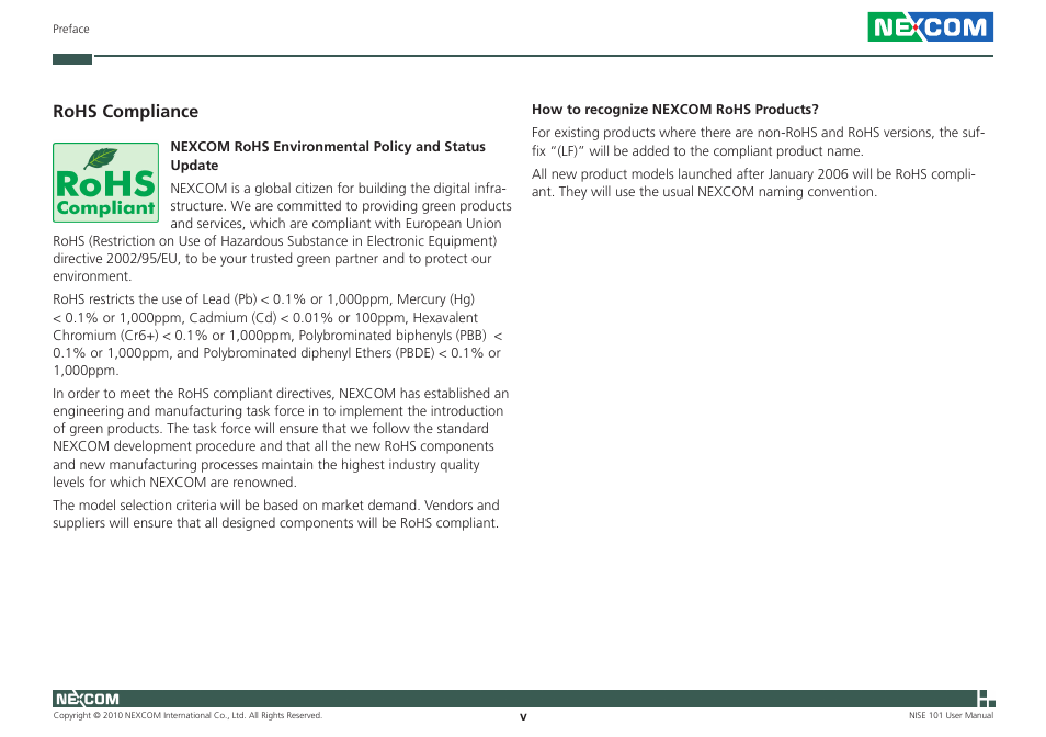 Rohs compliance | NEXCOM NISE 101 User Manual | Page 5 / 79
