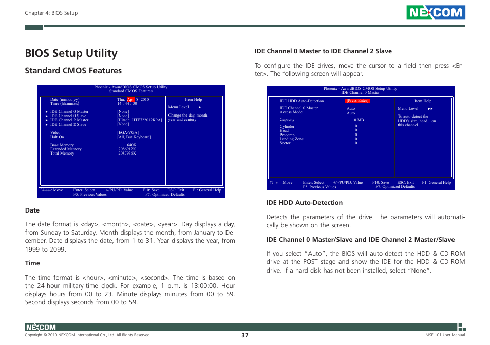 Bios setup utility, Standard cmos features | NEXCOM NISE 101 User Manual | Page 50 / 79