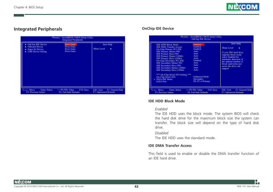 Integrated peripherals, Onchip ide device | NEXCOM NISE 101 User Manual | Page 56 / 79