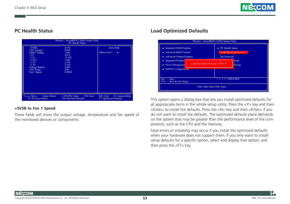 Pc health status, Load optimized defaults | NEXCOM NISE 101 User Manual | Page 66 / 79