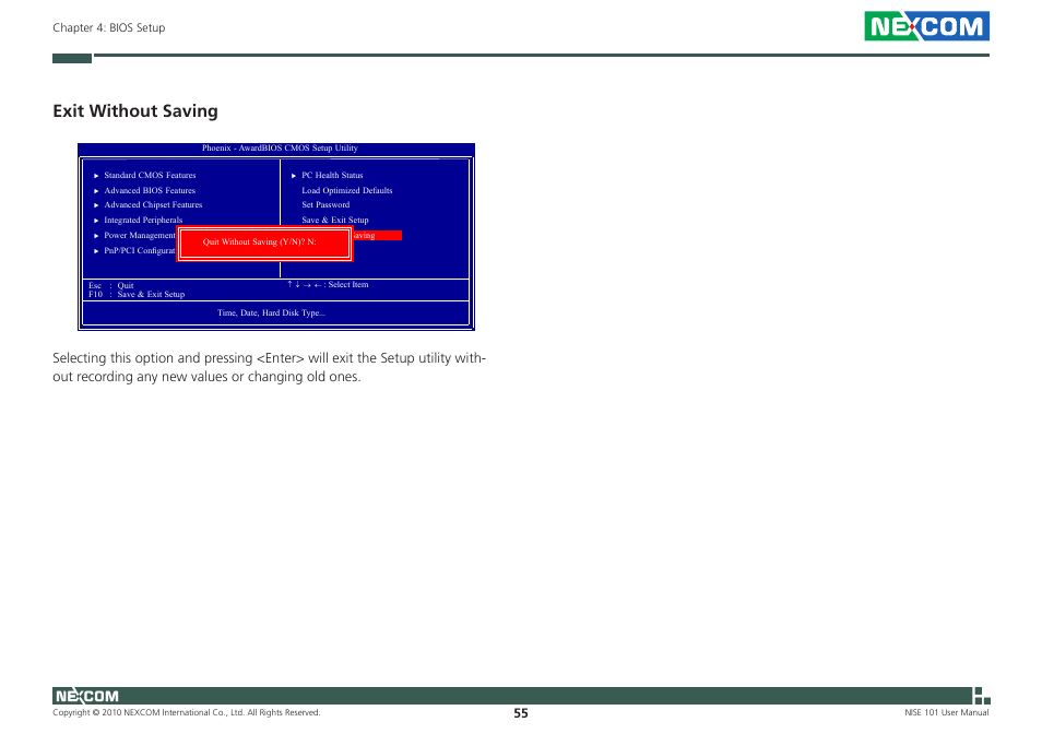 Exit without saving | NEXCOM NISE 101 User Manual | Page 68 / 79