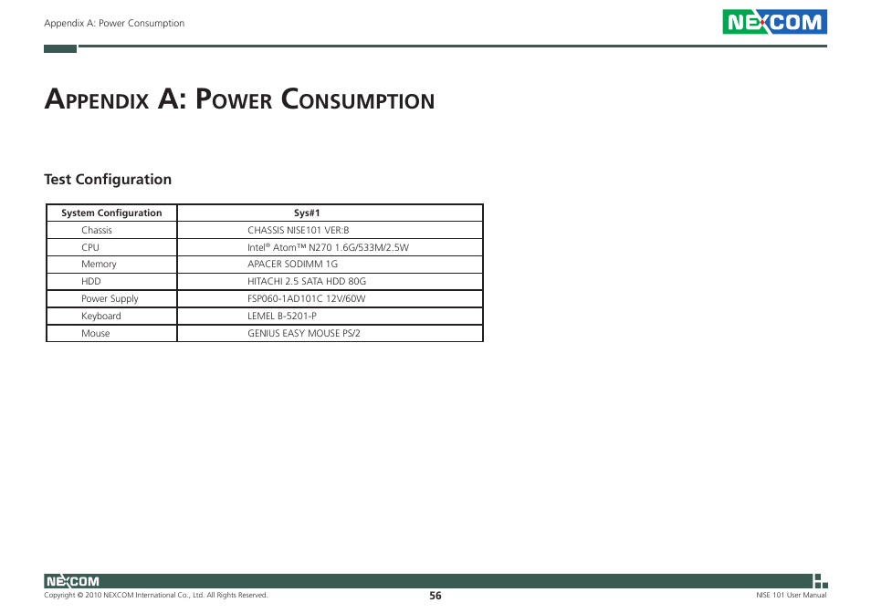 A: p, Ppendix, Ower | Onsumption | NEXCOM NISE 101 User Manual | Page 69 / 79