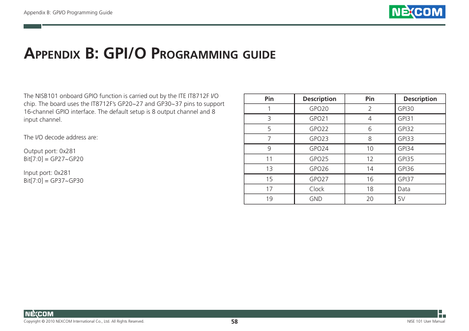 B: gpi/o p, Ppendix, Rogramming | Guide | NEXCOM NISE 101 User Manual | Page 71 / 79