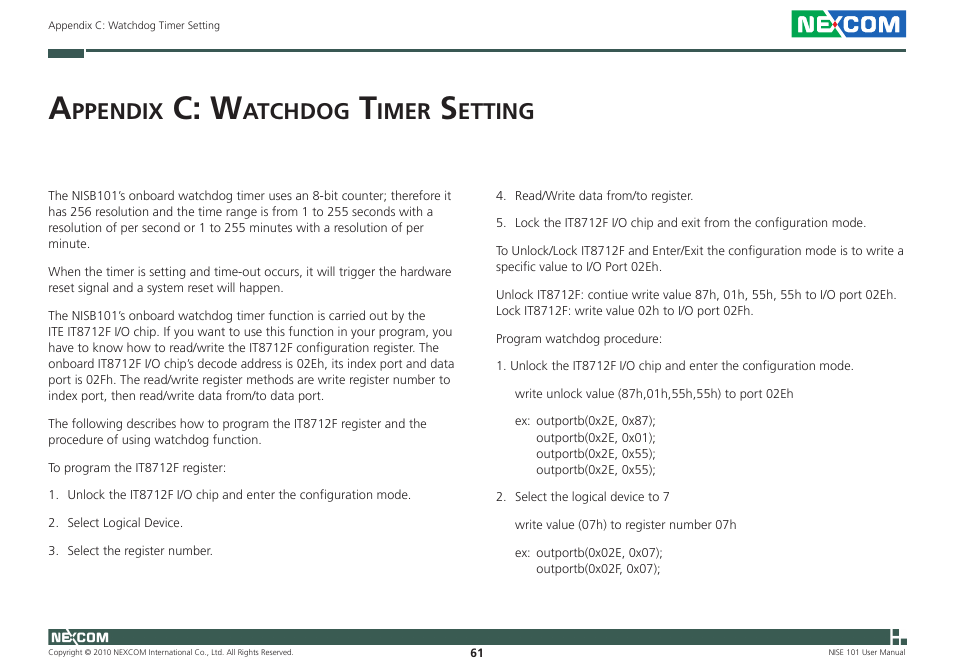 C: w, Ppendix, Atchdog | Imer, Etting | NEXCOM NISE 101 User Manual | Page 74 / 79