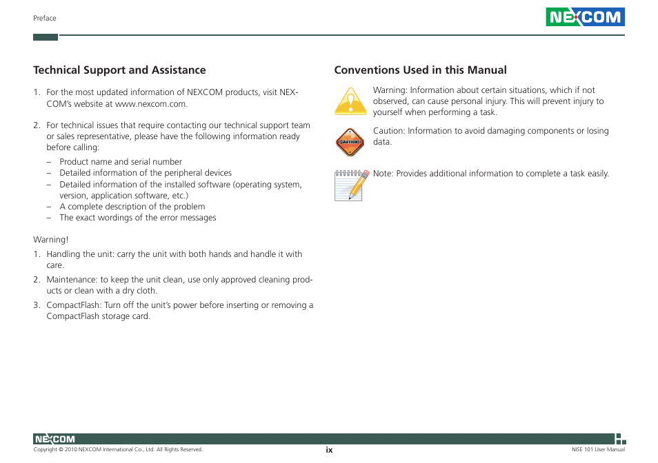 Conventions used in this manual, Technical support and assistance | NEXCOM NISE 101 User Manual | Page 9 / 79