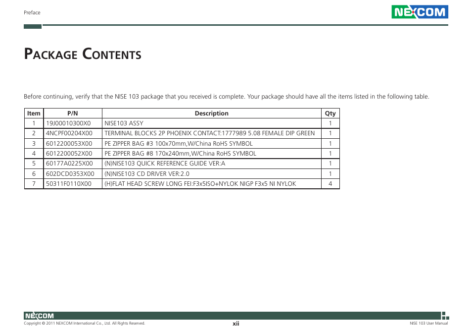 Ackage, Ontents | NEXCOM NISE 103 User Manual | Page 12 / 83