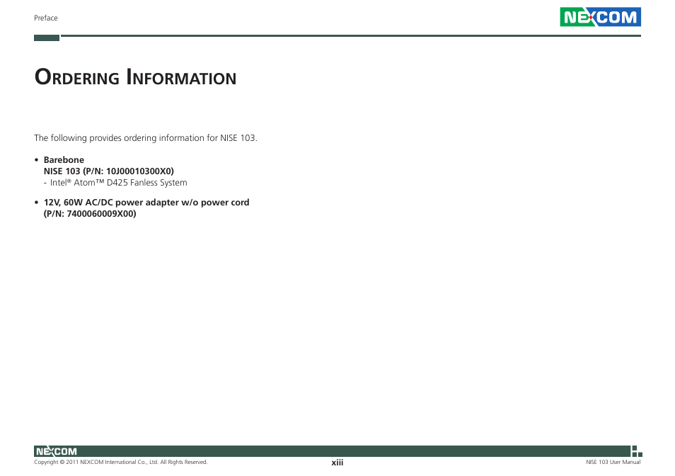 Rdering, Nformation | NEXCOM NISE 103 User Manual | Page 13 / 83