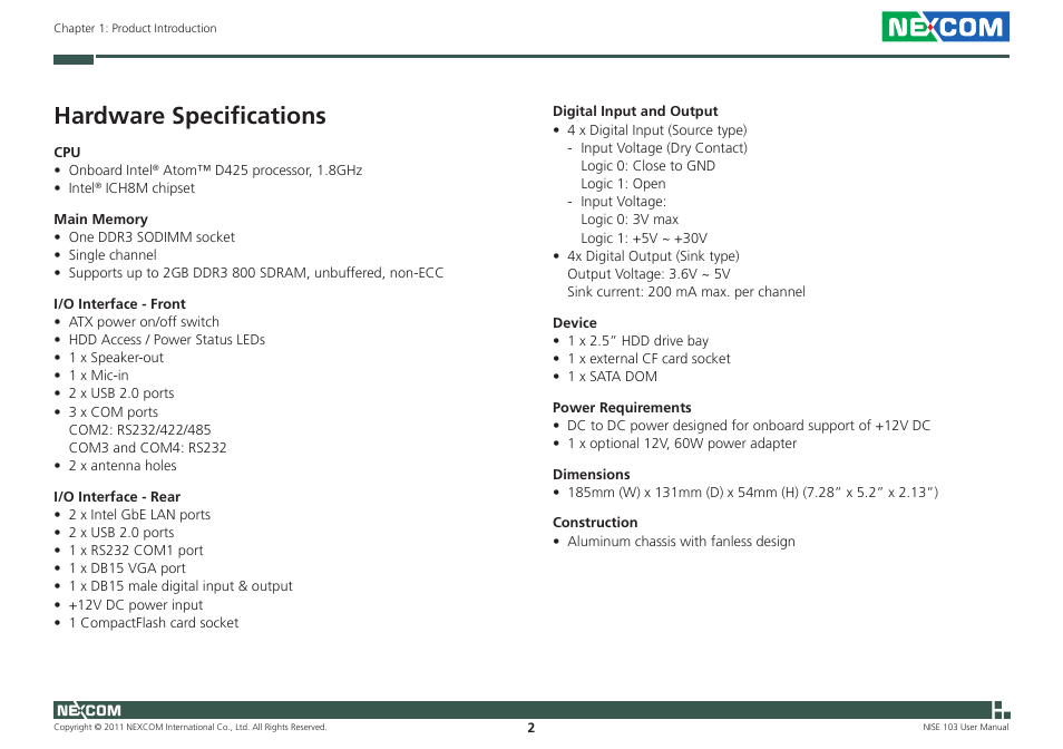 Hardware specifications | NEXCOM NISE 103 User Manual | Page 15 / 83