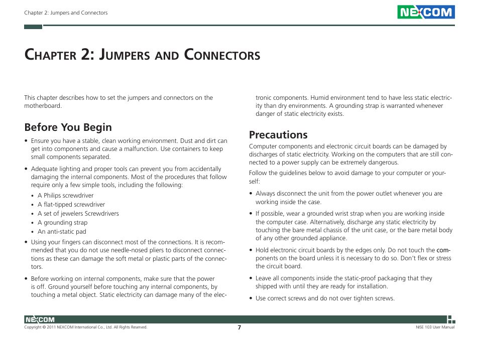 Hapter, Umpers, Onnectors | Before you begin, Precautions | NEXCOM NISE 103 User Manual | Page 20 / 83