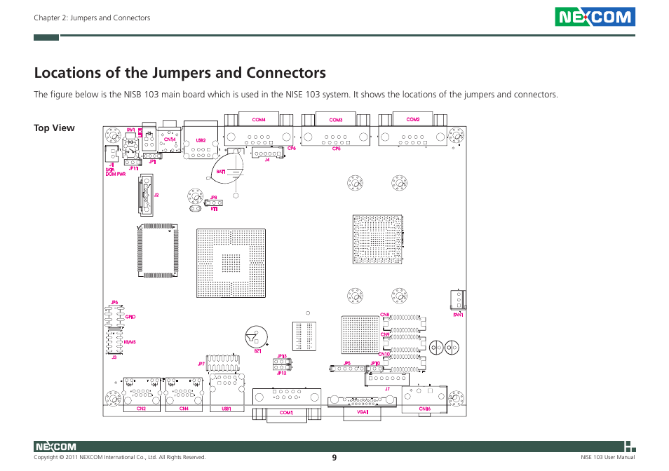 Locations of the jumpers and connectors, Top view, Chapter 2: jumpers and connectors | NEXCOM NISE 103 User Manual | Page 22 / 83