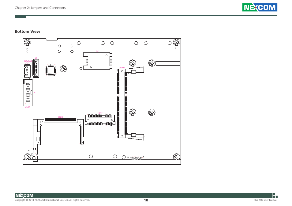 Bottom view, Chapter 2: jumpers and connectors | NEXCOM NISE 103 User Manual | Page 23 / 83