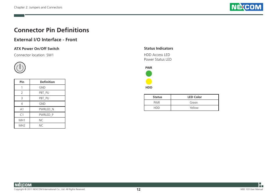 Connector pin definitions, External i/o interface - front | NEXCOM NISE 103 User Manual | Page 25 / 83