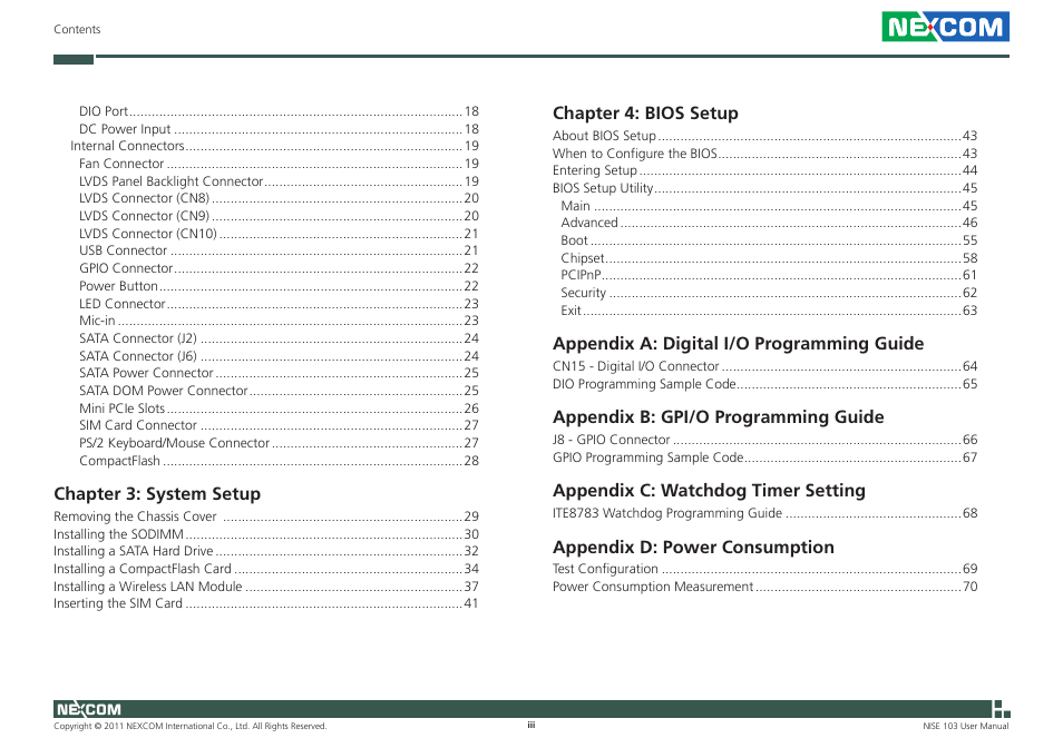 Chapter 3: system setup, Chapter 4: bios setup, Appendix a: digital i/o programming guide | Appendix b: gpi/o programming guide, Appendix c: watchdog timer setting, Appendix d: power consumption | NEXCOM NISE 103 User Manual | Page 3 / 83