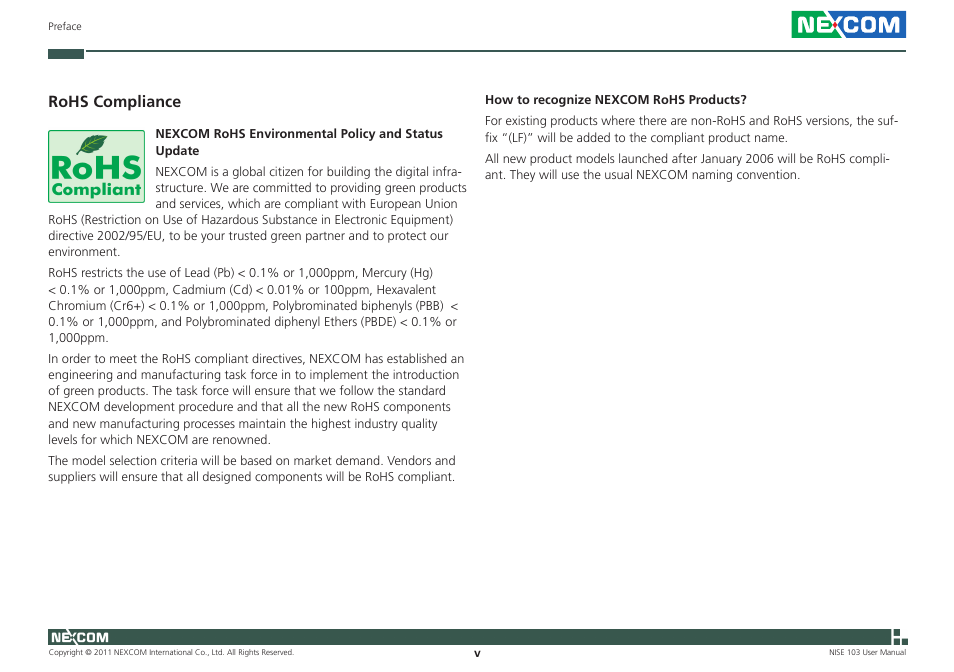 Rohs compliance | NEXCOM NISE 103 User Manual | Page 5 / 83