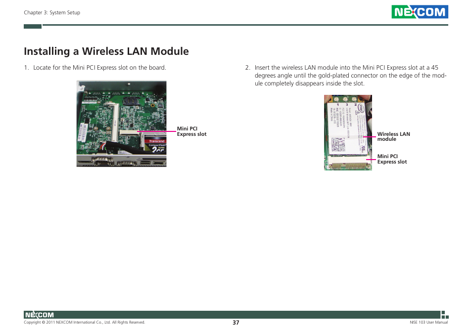 Installing a wireless lan module | NEXCOM NISE 103 User Manual | Page 50 / 83
